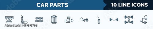 set of 10 car parts web icons in outline style. thin line icons such as car manifold, car bucket seat, crankshaft, oil filter, engine, tailpipe, pedal, chassis vector illustration.