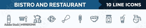 set of 10 bistro and restaurant web icons in outline style. thin line icons such as milk brick, yogurt with spoon, tea, paella with parwns, fried chicken thighs, ice pop, appetizers bowl, lemonade