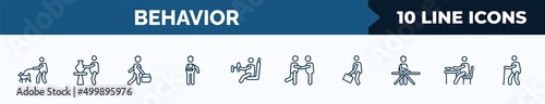 set of 10 behavior web icons in outline style. thin line icons such as walking the dog, man doing pottery, man shopping, fracture arm, man driving, two friends, going to work, eating vector
