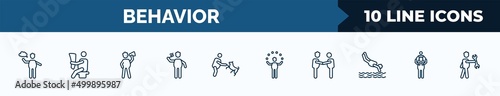 set of 10 behavior web icons in outline style. thin line icons such as stick man speech, man reading newspaper, man shouting, brushing teeth, and dog, circus two men meeting, piggyback a kid vector
