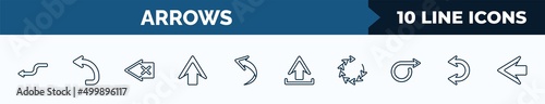 set of 10 arrows web icons in outline style. thin line icons such as curved left arrow, turn left, backspace, up arrow, curved arrow, upload, loading arrows, double curve vector illustration.