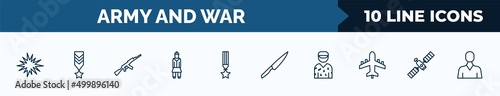 set of 10 army and war web icons in outline style. thin line icons such as bomb detonation, militar in, , militaty medal, knife, conscription, military satellites vector