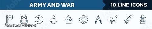 set of 10 army and war web icons in outline style. thin line icons such as patriot, bulletproof, chevron, naval, guerrilla, chamber, shoulder strap, airplane bomb vector illustration.