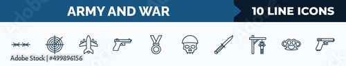 set of 10 army and war web icons in outline style. thin line icons such as barbed, militar radar, fighter plane, , medal, skull army, combat knife, knuckle vector illustration.