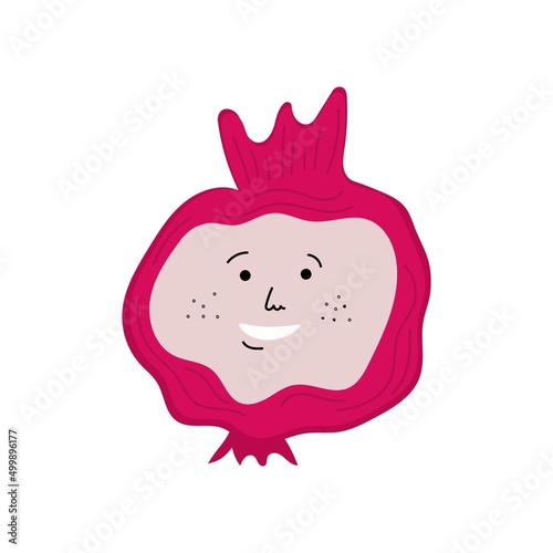 Cute happy garnet fruit kawaii character. Colorful design for cards, banners, shopping bag, t-shirt, apparel, clothes,. Funny doodle style emoticons. Flat icon isolated on white background.