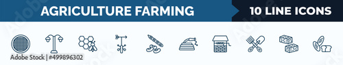 set of 10 agriculture farming web icons in outline style. thin line icons such as riddle tool, lamppost, honeycomb, weather vane, legume, hose, water well, bale of hay vector illustration.