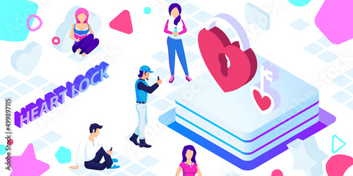 Heart lock isometric design icon. Vector web illustration. 3d colorful concept