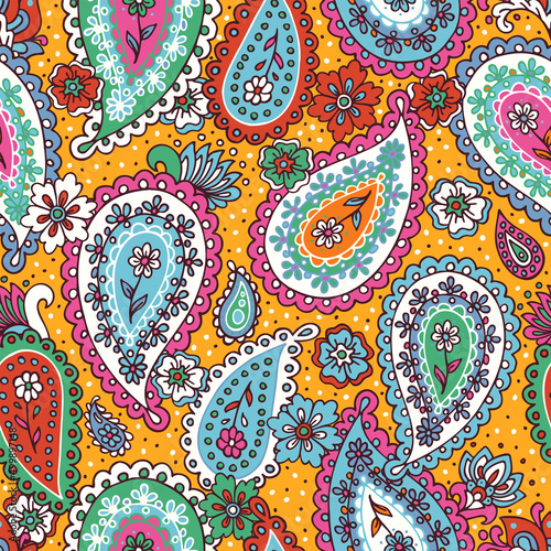 Traditional Indian boteh ornamental textile design. Colorful paisley print. Abstract psychedelic Buta seamless pattern . Hand drawn vector background.