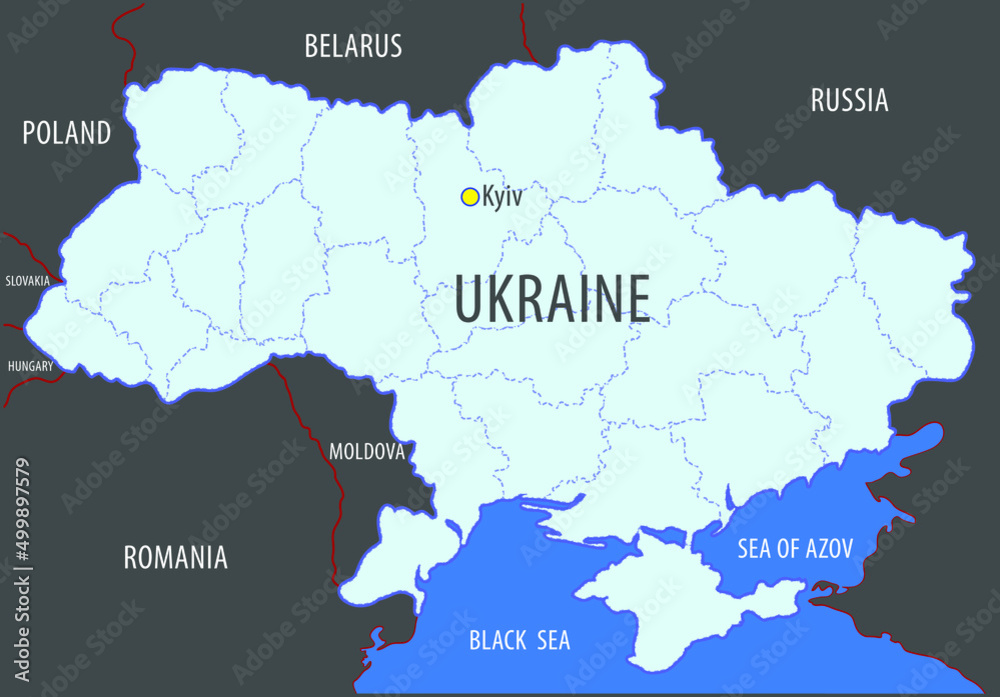 Ukraine. Map of the territory of the Ukrainian state with the designation of its state borders and the boundaries of its internal administrative regional division.
Vector illustration.