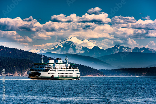 Canvas Print ferry with mountain and clouds