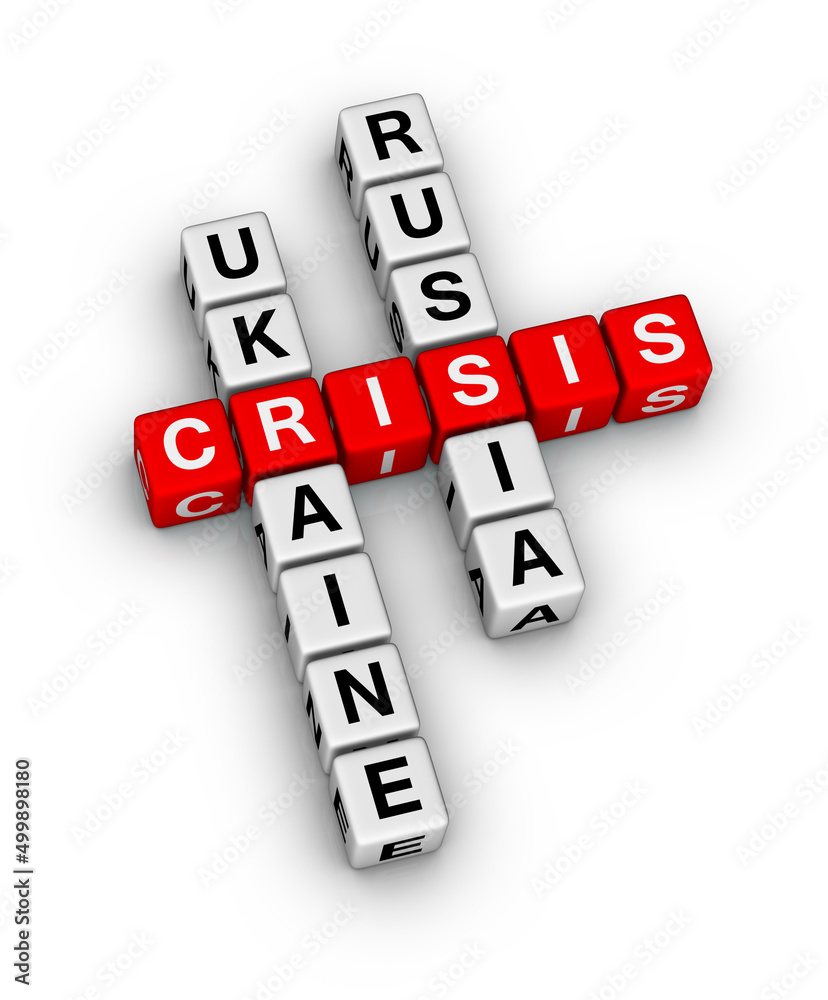 Russia Ukraine Crisis Crossword Puzzle. 3D Illustration on White Background Russia Ukraine Crisis Crossword Puzzle. 3D Illustration on White Background