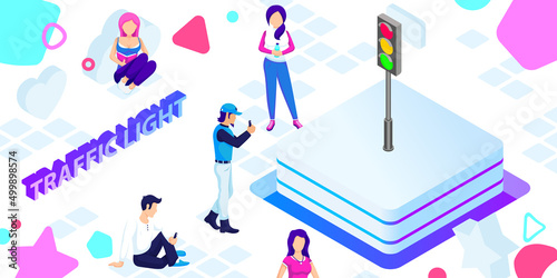 Traffic light isometric design icon. Vector web illustration. 3d colorful concept