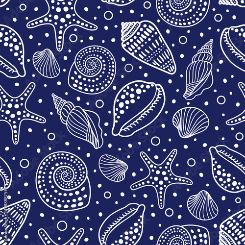 Sea shells, fossils, mollusks and starfish seamless pattern. Summer beach hand-drawn seaside vector print. Fashion textile monochrome blue and white colors. Seashore elements design for fabrics