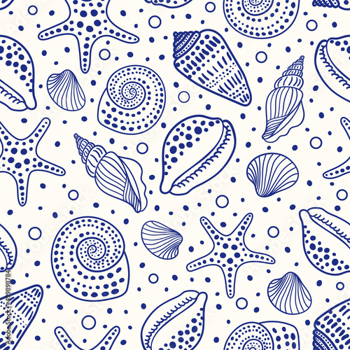 Sea shells, fossils, mollusks and starfish seamless pattern. Summer beach hand-drawn seaside vector print. Fashion textile monochrome blue and white colors. Seashore elements design for fabrics