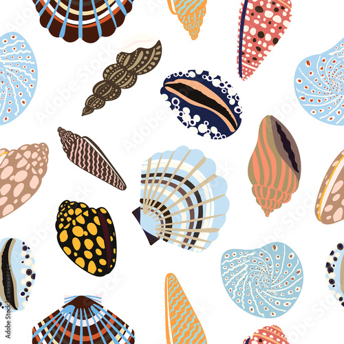 Sea shells, fossils and mollusks seamless pattern. Summer beach hand-drawn seaside vector print. Fashion textile bright multicolored illustration. Seashore elements design for fabrics, wallpaper
