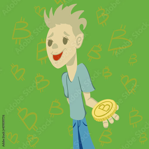 The guy offers to take bitcoin. Illustration of a cute character. Can be used for various web resources