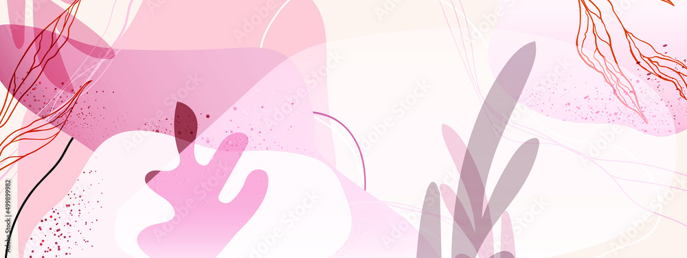 Abstract light pink, coral and beige background with branches, lines and aesthetic shapes. Vector illustration for text, banners, wallpapers, background, sales, discounts, promotions, etc.