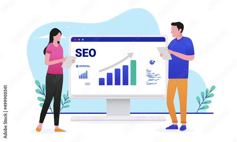 Obraz premium SEO business people working in front of desktop computer screen with graph showing growth. Flat design vector illustration with white background