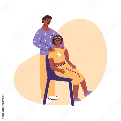 African american dad with daughter. Girl sitting on a chair in casual dress. Flat vector ilustration, isolated on a white background