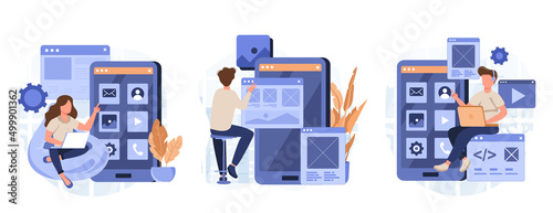 App development concept set. Developers write code, testing, create page layout. People isolated scenes in flat design. Vector illustration for blogging, website, mobile app, promotional materials.