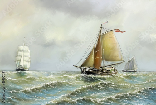 Old sailing ship in the sea. Digital oil paintings sea landscape, fisherman.
