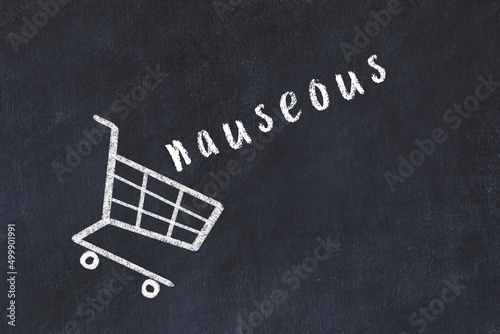Foto Chalk drawing of shopping cart and word nauseous on black chalboard