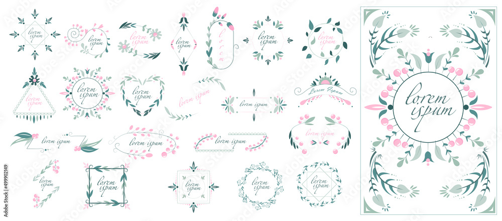 Collection of geometric floral frames. Modern Minimalistic and Floral templates for Invitation cards. Trendy Line drawing, lineart style. Vector illustration - obrazy, fototapety, plakaty 