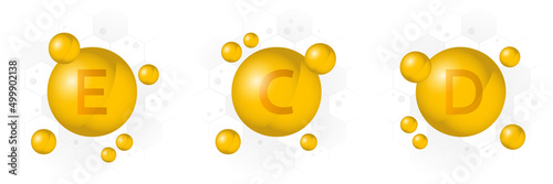 Vitamin E, C, D vector pills capsules. Healthy food supplement, nutrition complex . Glossy balls isolated on white background. Medical and health care illustration