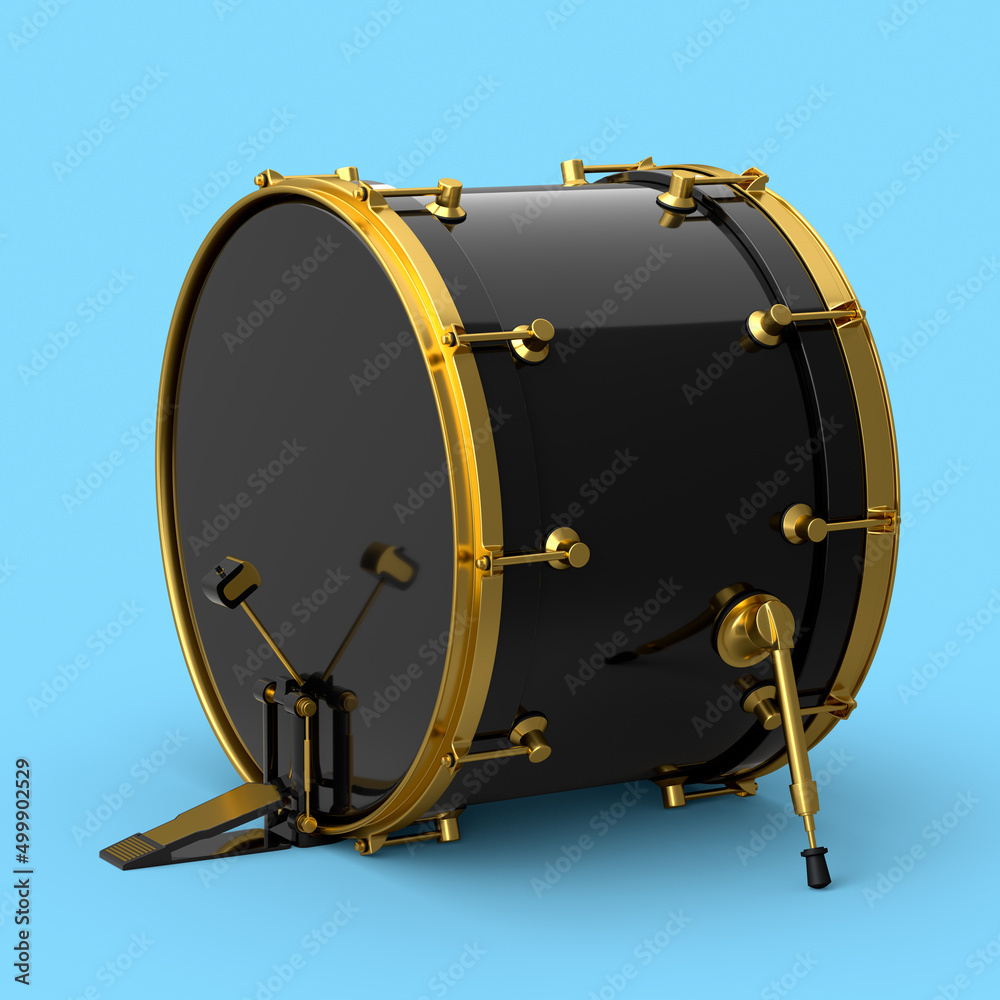 Realistic drum with pedal on blue background. 3d render of musical instrument