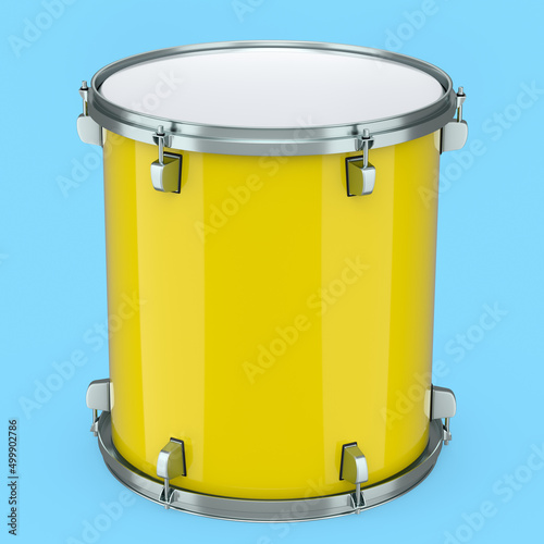 Realistic drum on blue background. 3d render concept of musical instrument