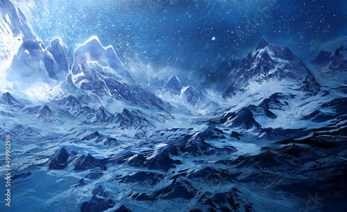 Fantastic Winter Epic Magical Landscape of Mountains. Celtic Medieval forest. Frozen nature. Glacier in the mountains. Mystic Valley. Artwork sketch. Gaming background. Book Cover and Poster. 