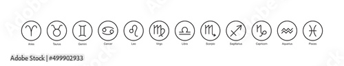 Zodiac sign vector, horoscope icon, astrology star symbol, twelve element set, black circle pictogram isolated on white background. Simple line illustration photo
