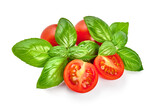 Basil leaves with cherry tomatoes, isolated on white background.