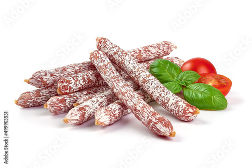 Salami sticks, isolated on white background. photo
