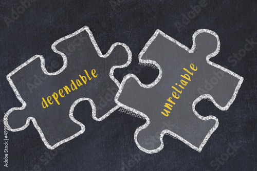 Concept of dealing with troubles. Chalk sketch of connecting puzzles with words dependable and unreliable