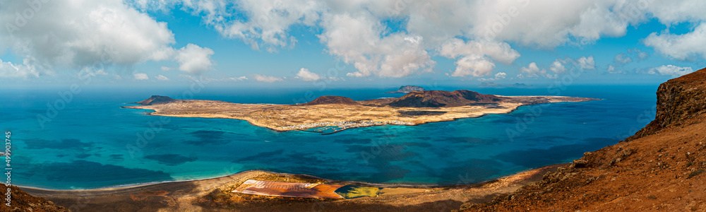 Panoramic view of La Graciosa Island (Caleta del Sebo and Montaña de las Agujas, Bermeja, Amarilla and Mojón) from the Ye road (Mirador del Río) in Lanzarote (Spain) Panoramic view of La Graciosa Island (Caleta del Sebo and Montaña de las Agujas, Bermeja, Amarilla and Mojón) from the Ye road (Mirador del Río) in Lanzarote (Spain)