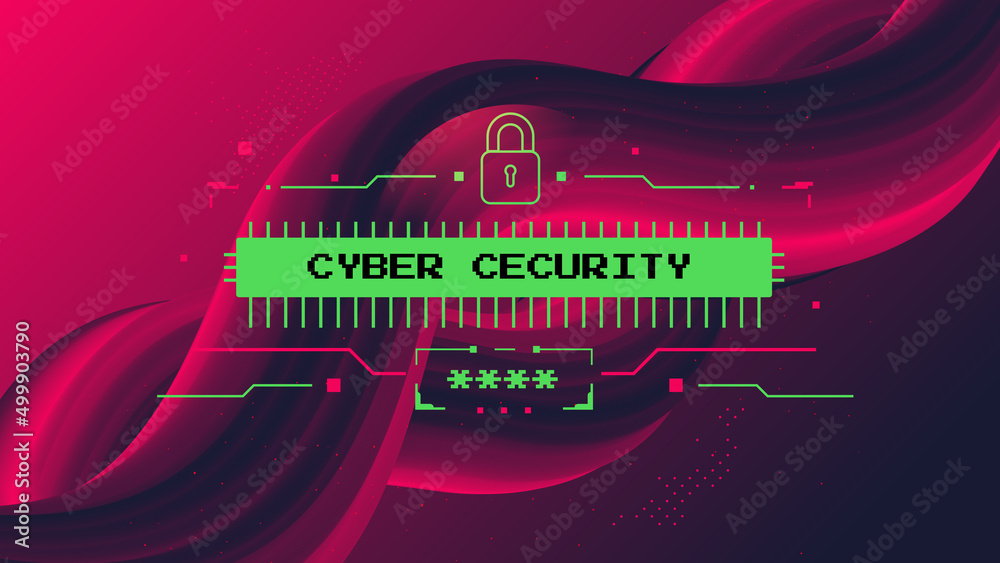 Cyber security concept with Lock and network firewall symbol from abstract shapes on a red background. Vector illustration