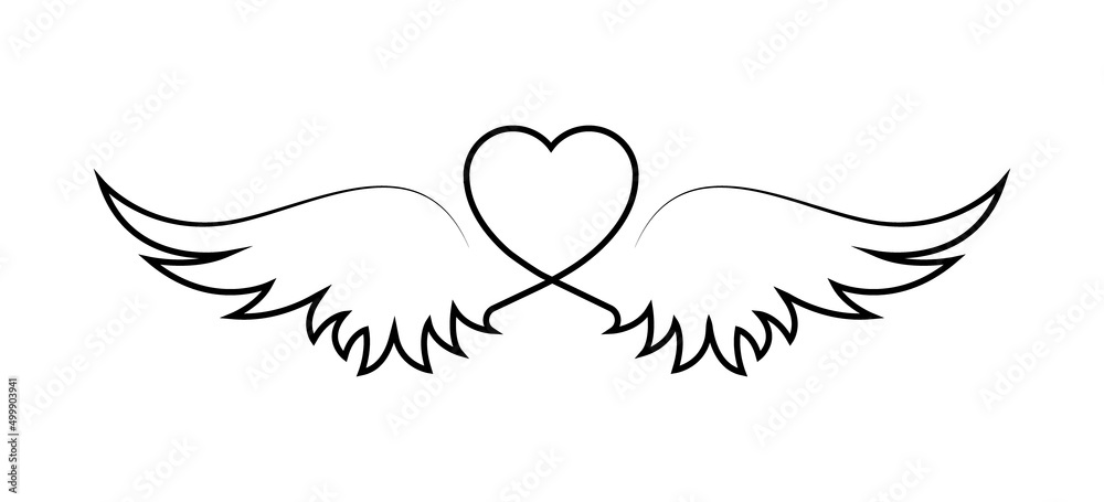 Winged nubes. Winged heart line icon. Heart with wings black line icon isolated on white background. Love and romance concept. Valentine's day. Vector graphic. EPS 10