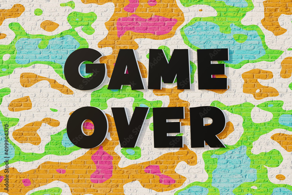 Game Over! Colorful wall with black letters. Defeated in a computer or board game. The game is finished, no chance or lost life in virtual game. 3D illustration Game Over! Colorful wall with black letters. Defeated in a computer or board game. The game is finished, no chance or lost life in virtual game. 3D illustration