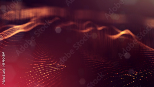 3d rendering background of microworld or sci-fi theme with glowing particles form curved lines  3d surfaces  grid structures with depth of field  bokeh. Golden red wave forms