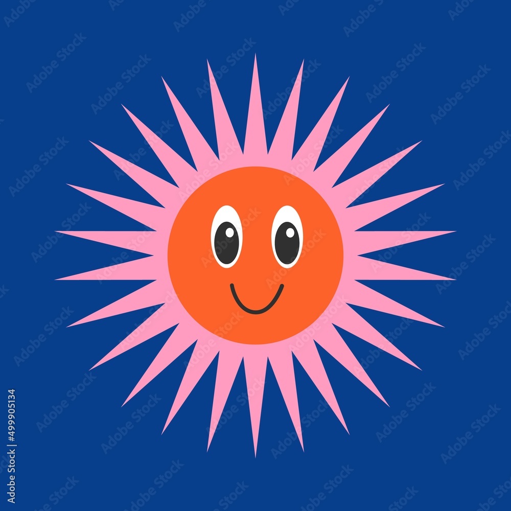 Psychedelic sun with a face. Flat design, hand drawn cartoon, vector illustration. Template for printing. Psychedelic sun with a face. Flat design, hand drawn cartoon, vector illustration. Template for printing.