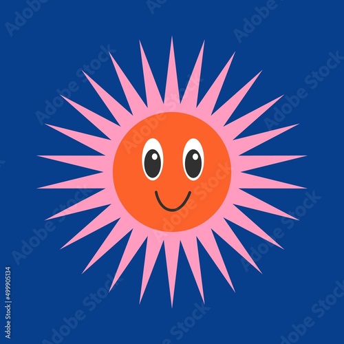 Psychedelic sun with a face. Flat design, hand drawn cartoon, vector illustration. Template for printing.
