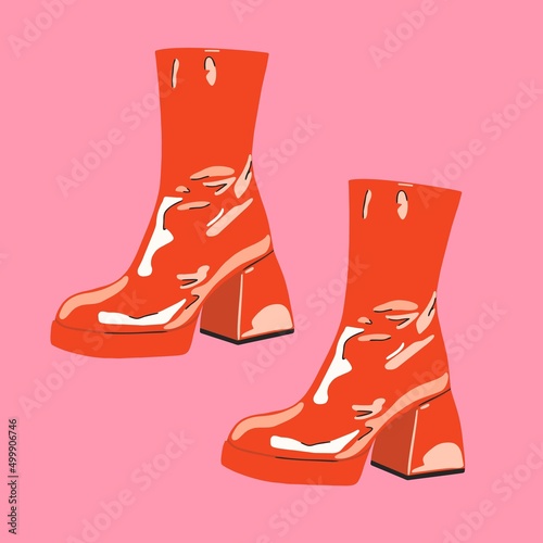 Patent leather red women's boots thick heels high heels, fashion shoes. Flat design, hand drawn cartoon, vector illustration. Template for printing.