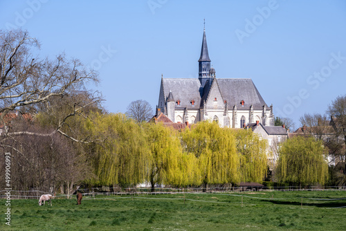 Collegiate church of Saint John the Baptist on a sunny spring afternoon, Montrésor, Indre et Loire, France