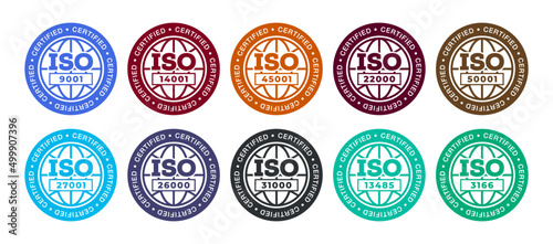 Set of International Organization for Standardization stamp: 3166, 13485, 31000, 26000, 27001, 22000, 45001, 50001, 9001, 14001. Set of popular standards ISO. photo