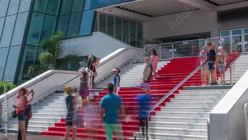 Red carpet stairway at Palais des Festivals et des Congres timelapse in Cannes, France.