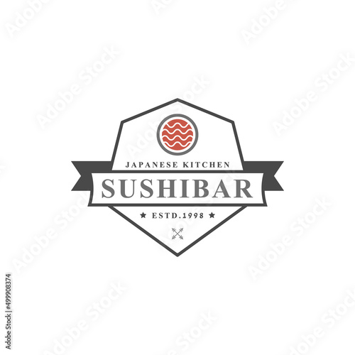 Vintage Retro Badge Sushi Restaurant Logos Japanese Food with Sushi Salmon Rolls Silhouettes