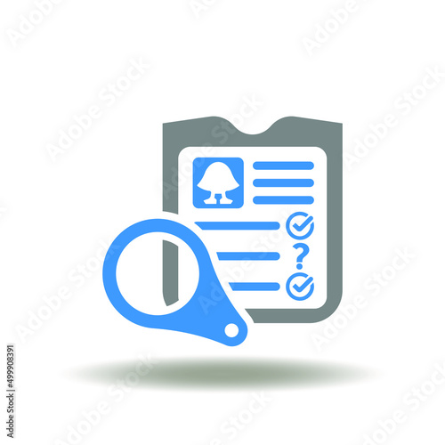 Vector illustration of checklist user magnifier. Symbol of KYC Know Your Customer. Icon of client identification AML procedure.