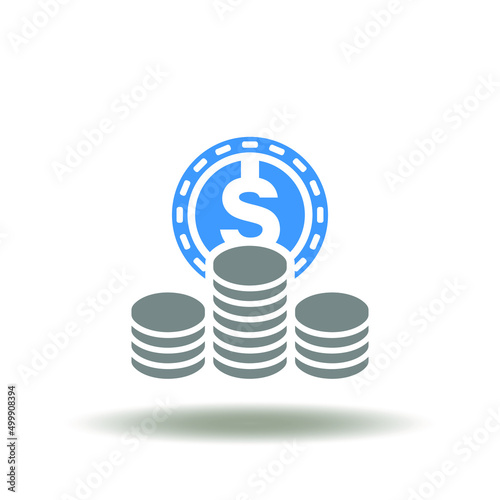 Vector illustration of dollar cent coin with coins pile. Symbol of financial savings and money wealth. Icon of Overdraft Bookkeeping Finance Business.