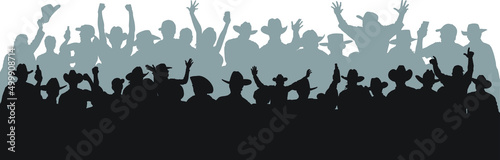 Vector silhouette of a group of cowboy and cowgirls cheering, celebrating or partying at a rodeo or country music concert.